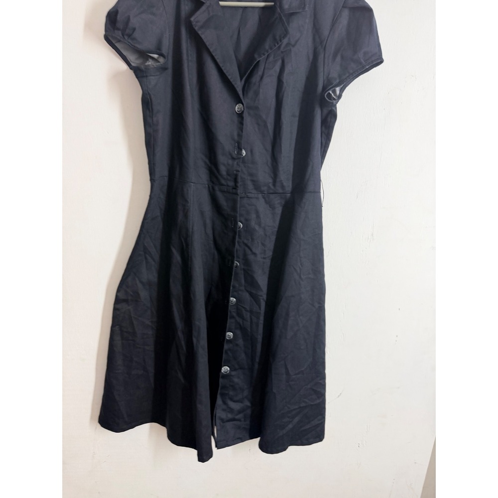 Liz Claiborne Black Button Front Shirt Dress Short Puff Sleeve Fit Flare Size 14